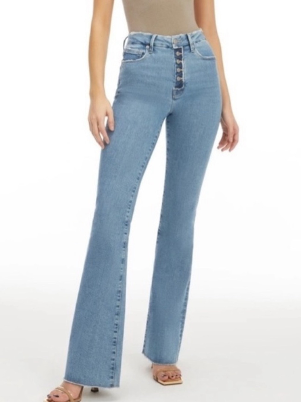 Good American High-Rise Flare Jeans in Light Blue Denim